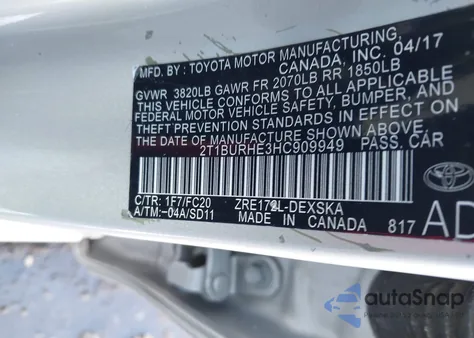 2017 Toyota Corolla Le from USA, damaged, VIN 2T1BURHE3HC909949